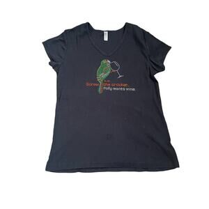 Chris's Stuff Black POLLY WANTS WINE Rhinestone V-Neck Short Sleeve T-Shirt XL